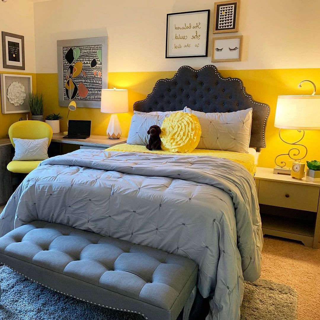 Blue grey store and yellow bedroom